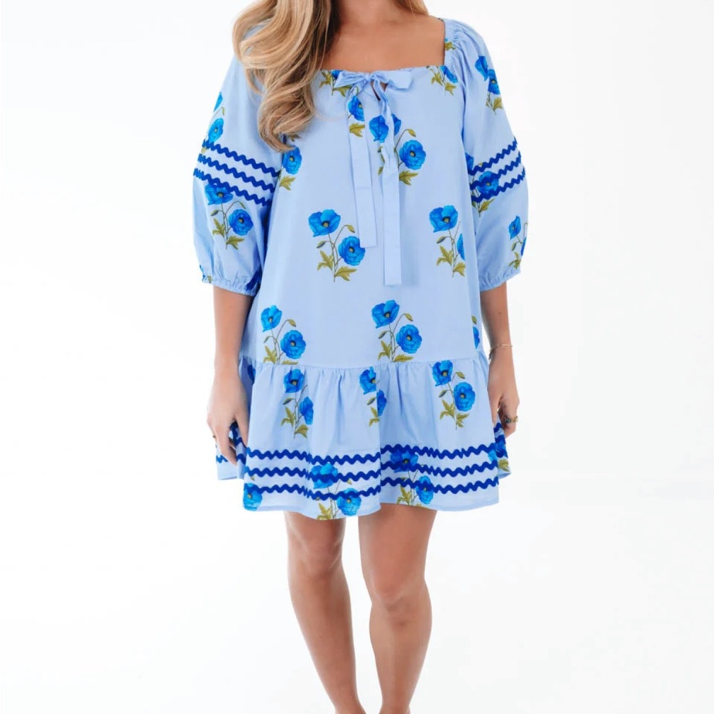 Blue Floral Dress with Puff Sleeves